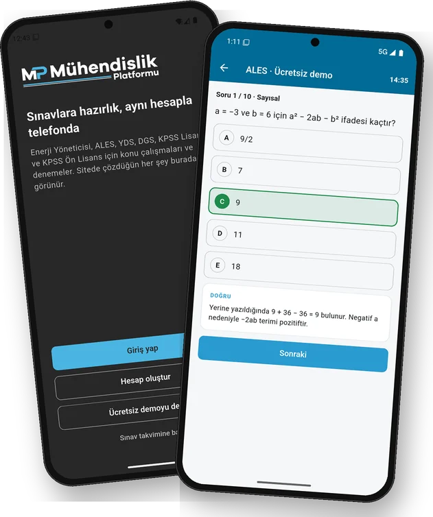Mühendislik Platformu uygulamasının giriş ekranı ve ücretsiz demoda çözülmüş bir ALES sorusu